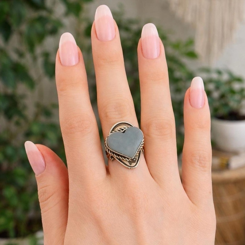 Blue Angelite Heart Shape Crystal Sterling Silver Adjustable Fit OS Ring